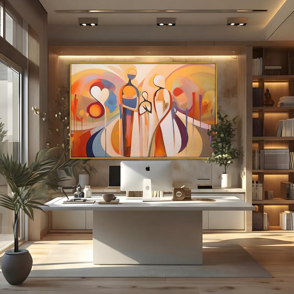 Tablou canvas cu tablou canvas cu familie abstracta, in rama de aluminiu auriu, pe perete intr-un birou